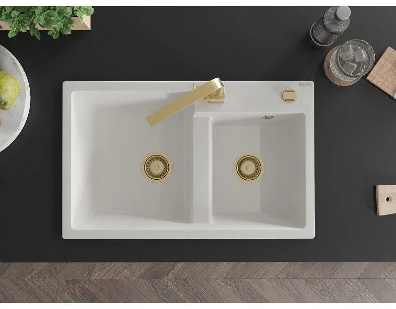 Mexen Tomas, gránit mosogató 800x500x190 mm, 2 kamrás és arany csaptelep Rita, fehér, 6516-20-670300-50