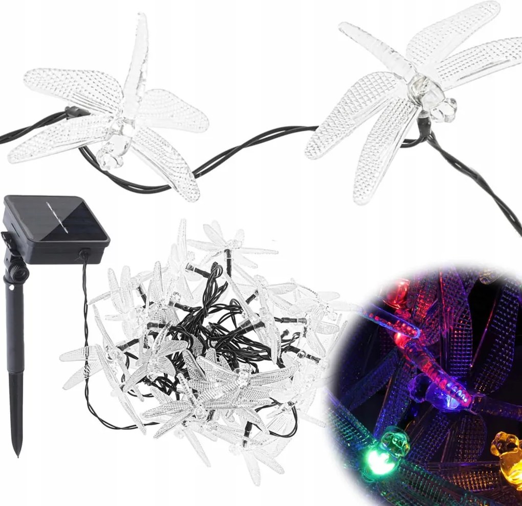 Szolár kerti lámpák szitakötő formával, 6,5m, 30 Led, multicolor (színes)