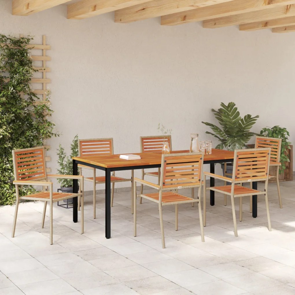 7 Részes Kerti Étkezősor Bézs Poli Rattan Akáciából, Egymásra Rakható Kerti Székek Párnákkal - 2-es Készlet Bézs Poli Rattan, Kerti Asztal 200x90x75 cm Szilárd Akácfa és Fém