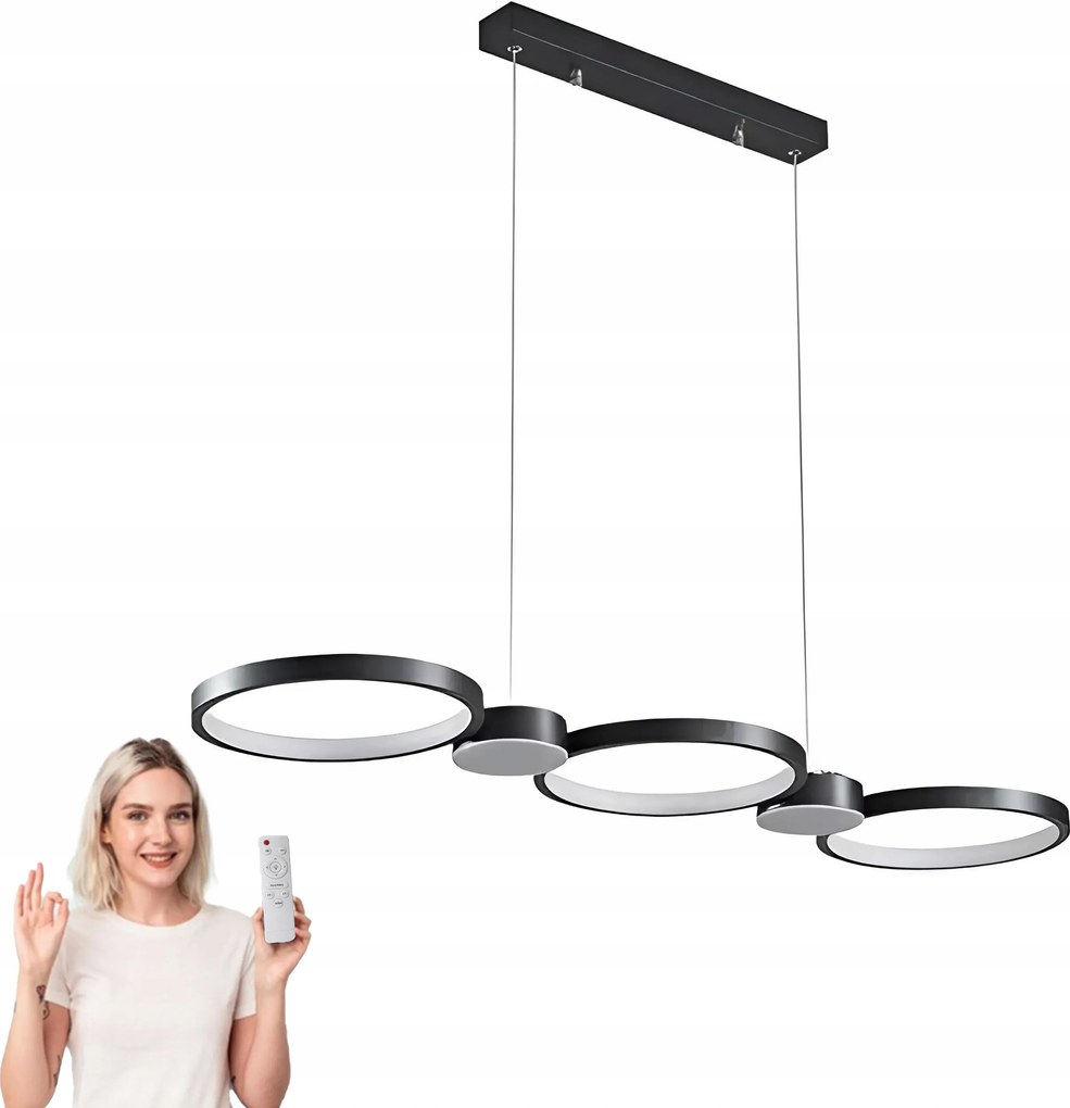 Fekete Led Mennyezeti Lámpa 3 Gyűrűs Plafon Lógó Csillár 95CM Távirányító