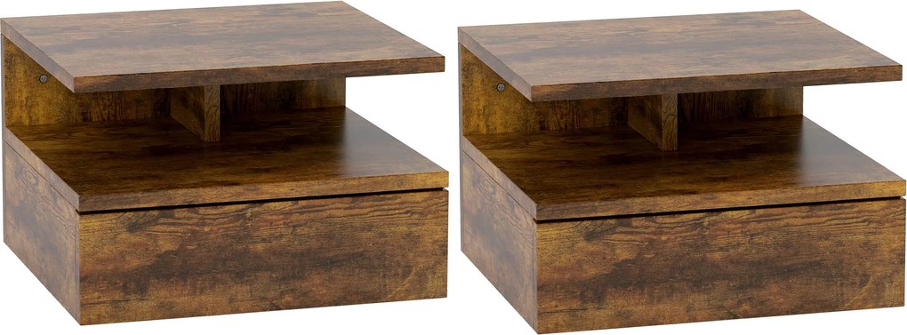 HOMCOM 2 db Fali Hálószobai Éjjeliszekrény, Modern Éjjeliszekrény, Fiókkal és Tetején Polccal, 35x32x22.5cm, Rusztikus Barna | Aosom