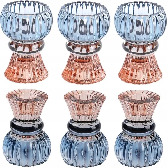 Kék üveg gyertyatartó |Díszes kúpos gyertyatartó szett 6 db-os