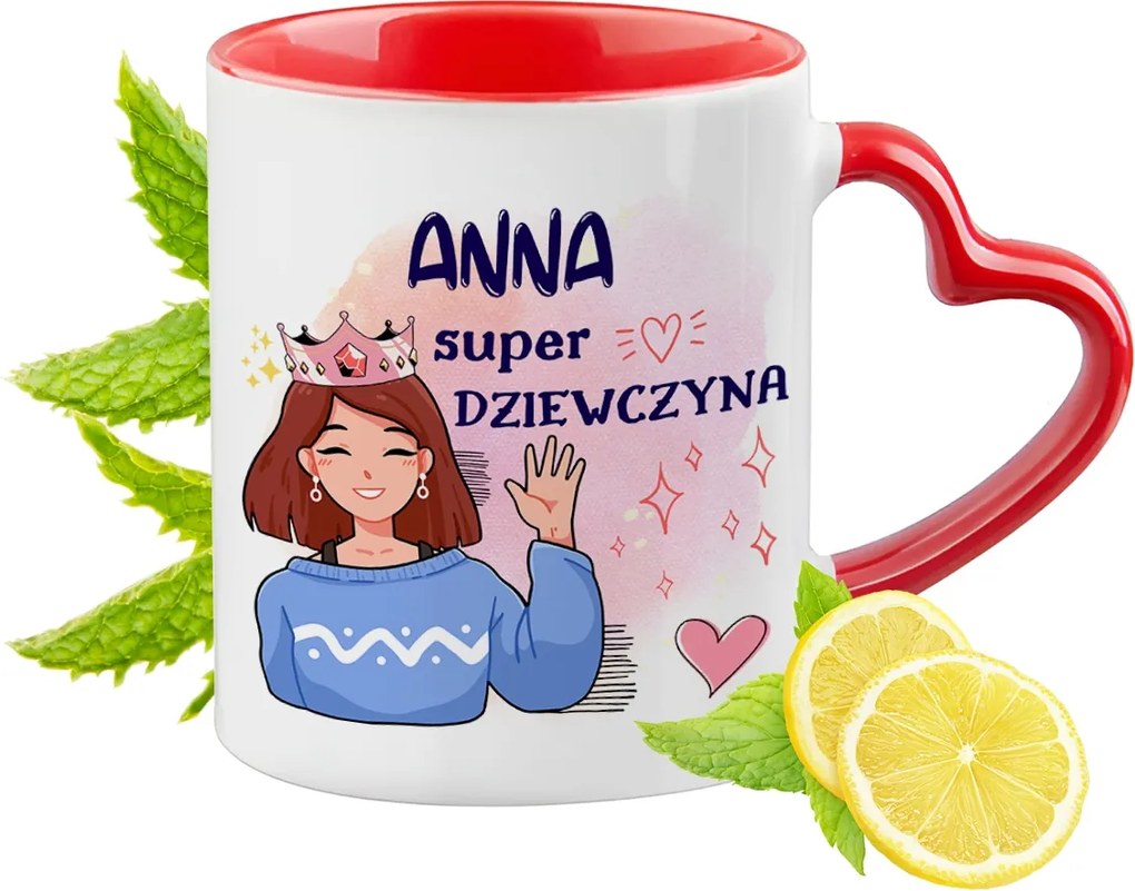 Piros bögre szív alakú füllel Anna számára Ajándék