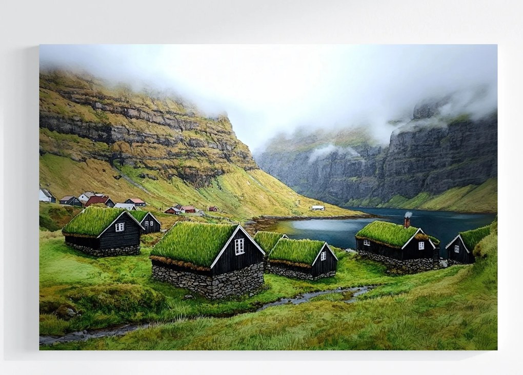 Vászonkép Canvas Tájkép Feröer-szigetek Hegyek Sziklák Házak Település 60x40