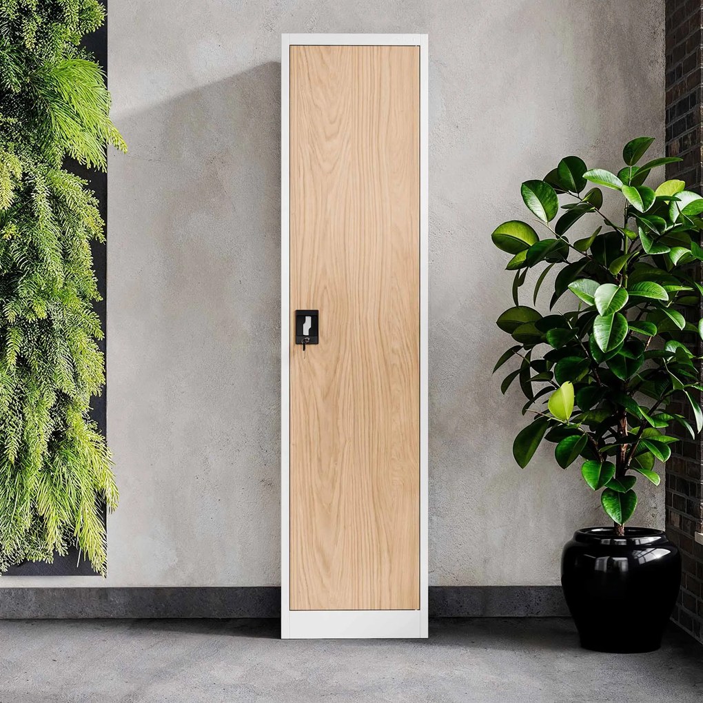 Fém irodai iratszekrény, fehér/sonoma tölgy, 450x1850x400 mm: ALEX Eco Design