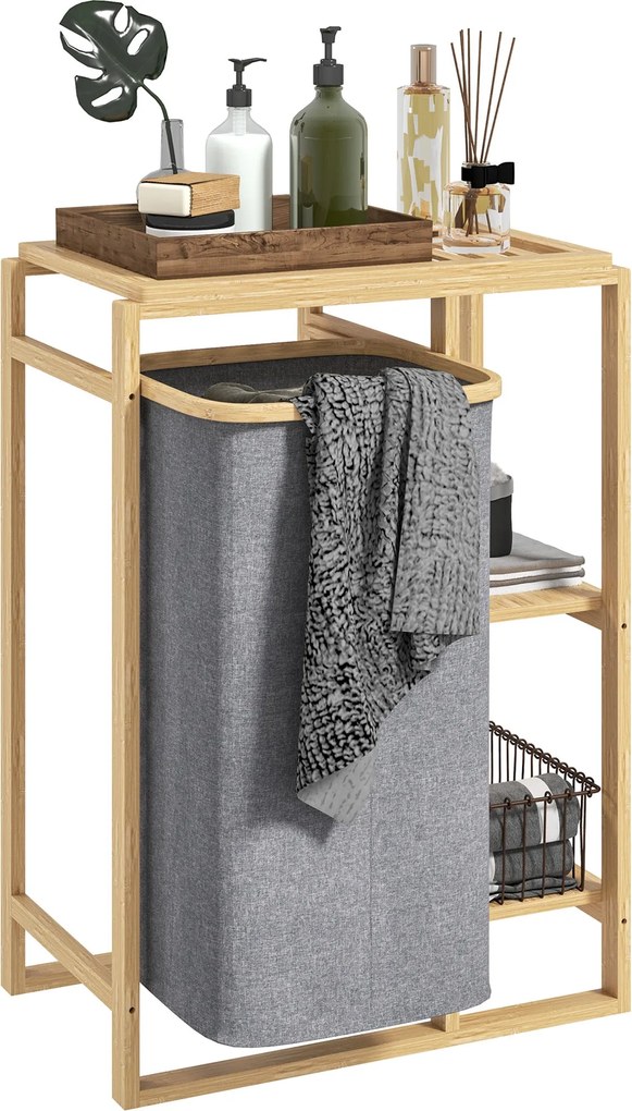 HOMCOM Szennyes Kosár Kihúzható Táskával, Fürdőszobai Szennyes Kosár Lécezett Polcokkal Bambuszból, 50x32x70 cm, Szürke | Aosom