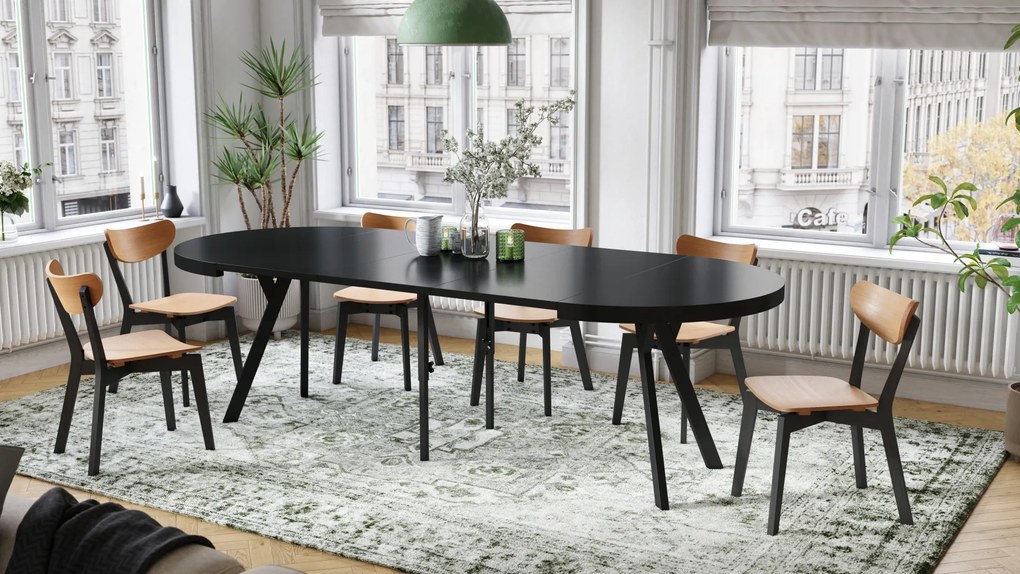 Mazzoni EXPANSO Fekete Matt/fekete lábak - LOFT/IPARI STÍLUSÚ 310 cm-re BŐVÍTHETŐ NAGY KEREK ASZTAL Ø110 Y LÁBAKKAL