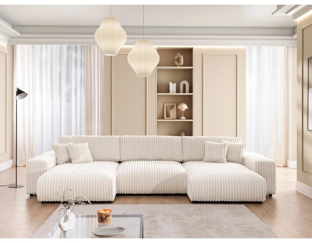Krémszínű kordbársony kinyitható-tárolóhelyes sarokkanapé (U alakú) Sarina – Ropez