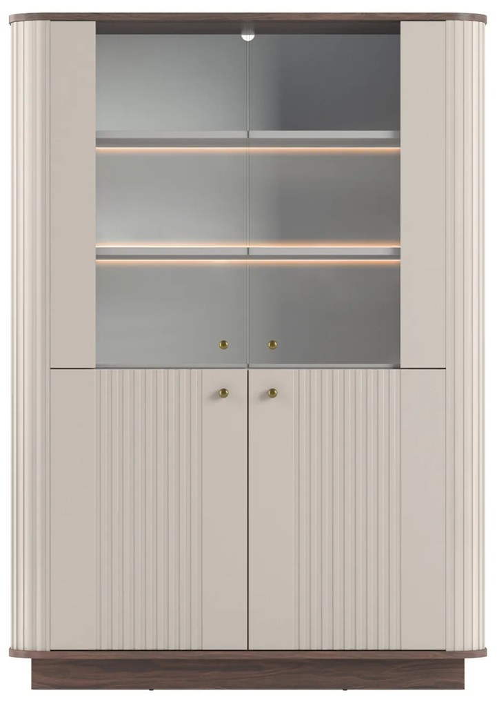 Vesper négyajtós vitrines szekrény 103 cm lábazaton - kasmír / dió / arany fogantyúk