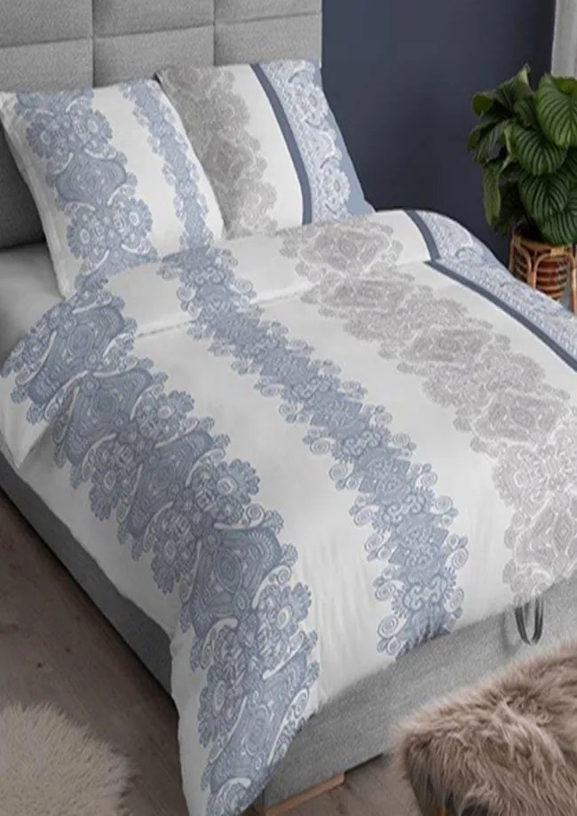 Pamut szatén ágyneműhuzat 140x200 +70x90 Díszek kék/szürke 3559 C