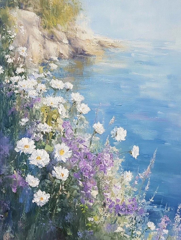 Vászonkép Canvas Tájkép Tenger Tengerpart Virágok Margaréták Rét 60x80