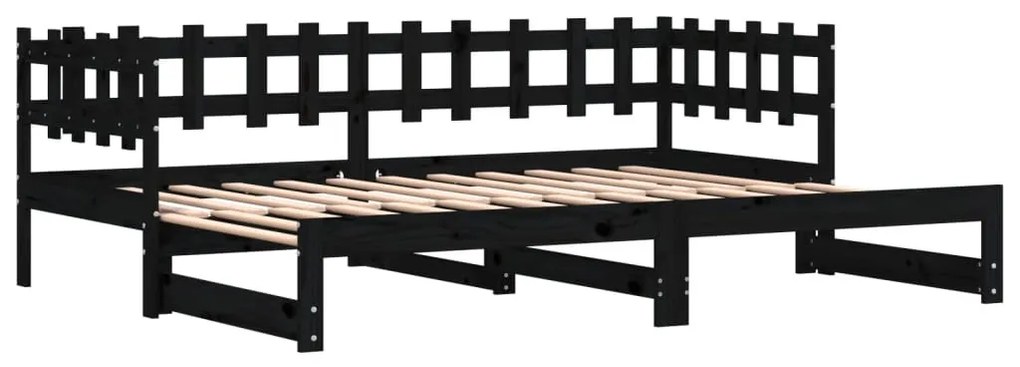 fekete tömör fenyőfa kihúzható kanapéágy 2 x (80 x 200) cm