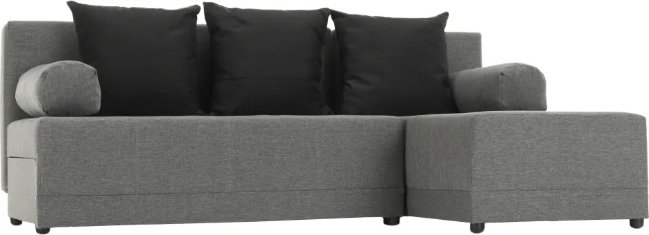 Sarokülőgarnitúra, J allású, ágyfunkcióval, szövet szürke/ párnák fekete, MEXX