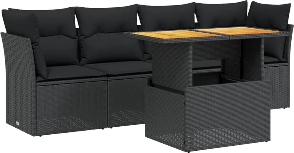 vidaXL 5 részes fekete polyrattan kerti kanapészett párnákkal