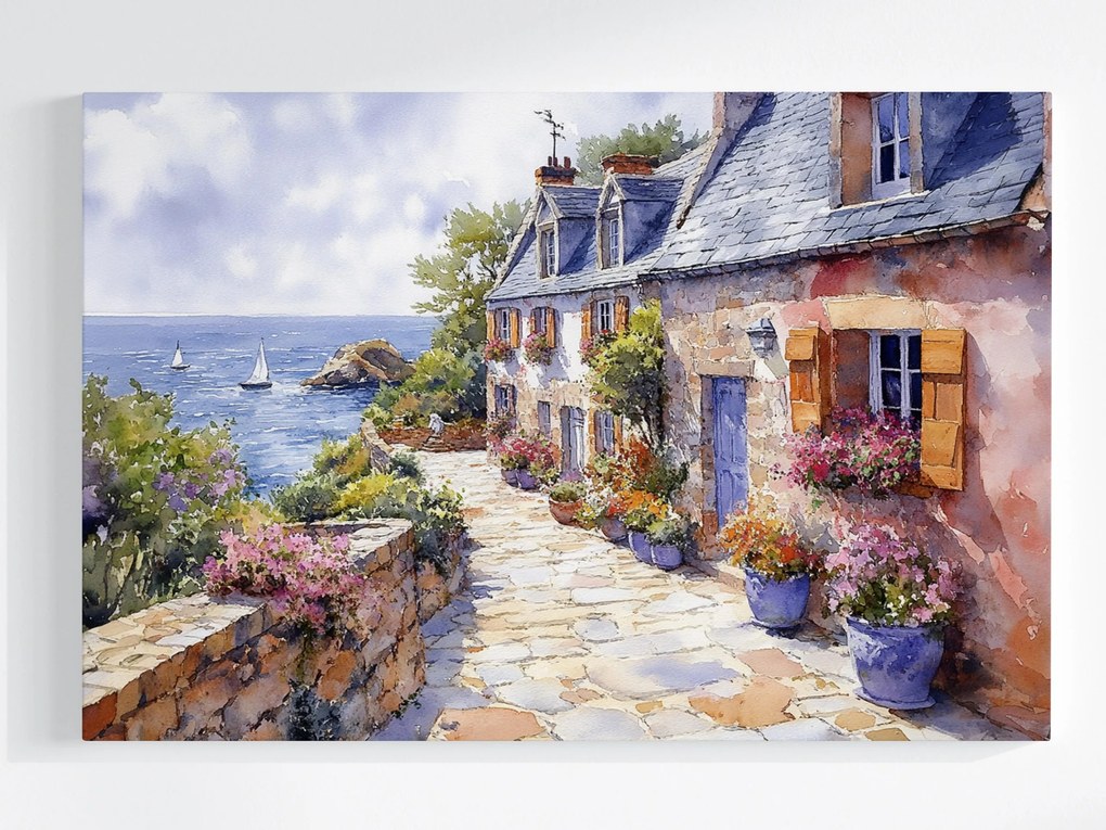 Vászonkép Canvas Bretagne Vitorlások Tenger Házak Virágok Franciaország 60x40