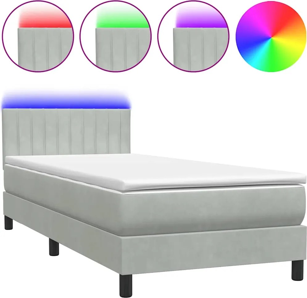 vidaXL világosszürke bársony rugós és LED-es ágy matraccal 80x210 cm