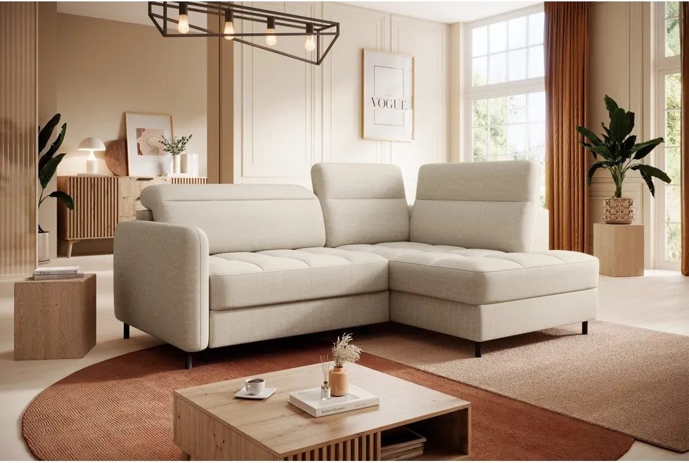 Bézs bársony kinyitható-tárolóhelyes sarokkanapé (jobb oldali-L alakú) Barea – ELTAP