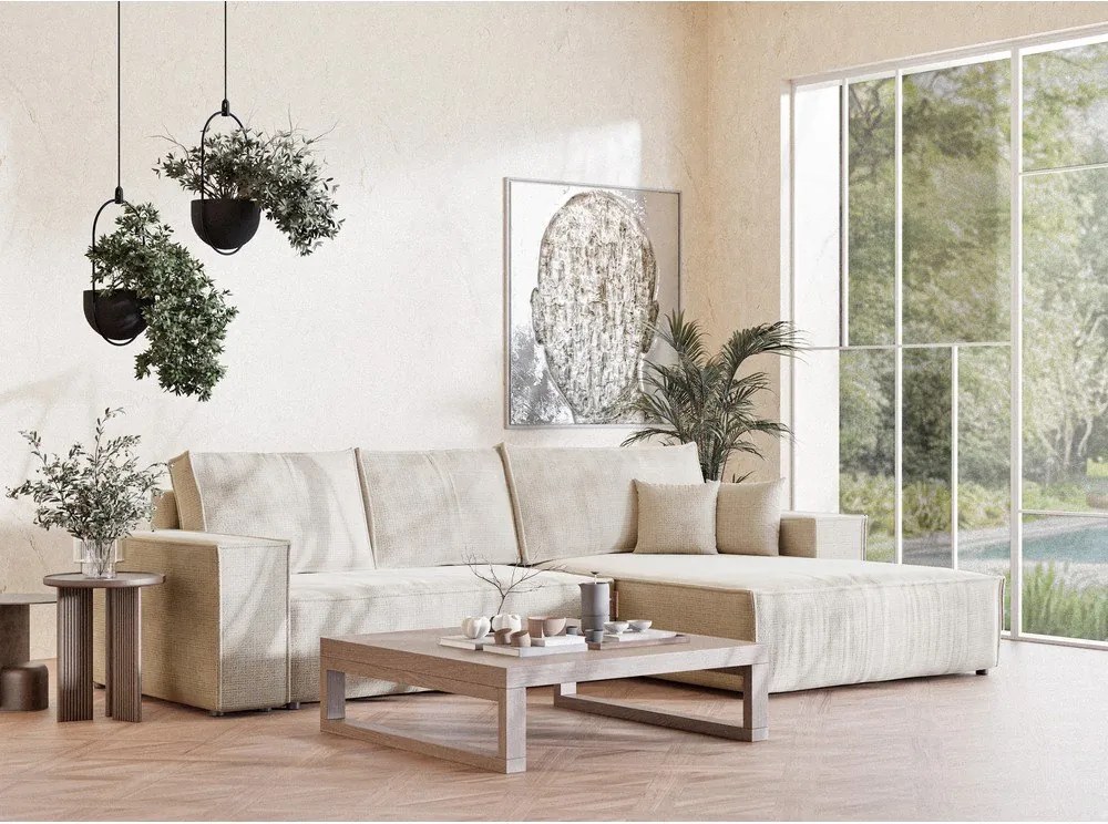 Krémszínű zsenília kinyitható-tárolóhelyes sarokkanapé (jobb oldali-heverő résszel) Maze – Maison de Rêve