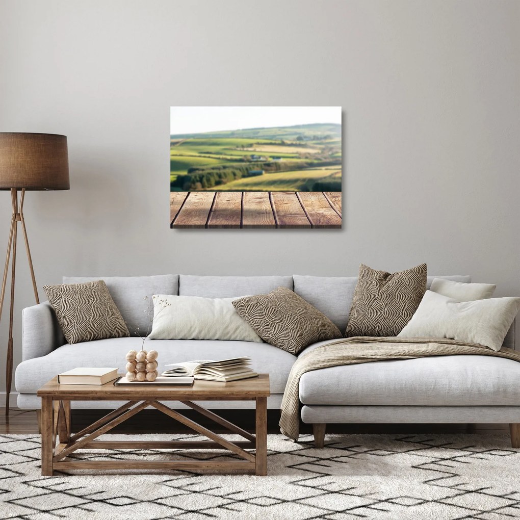 Üveg kép - Fa polc tájképi elemekkel (70x50 cm)
