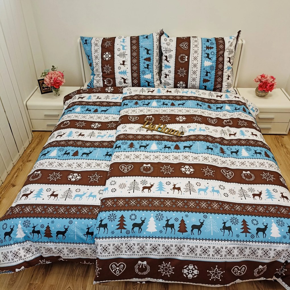 Pamut lepedők Karácsonyi lepedők Rénszarvas türkiz TiaHome - 1x Párna 90x70cm, 1x Paplan 140x200cm