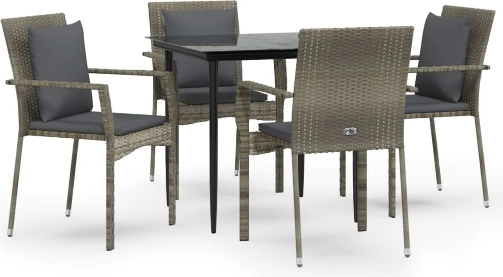 vidaXL 5 részes fekete és szürke polyrattan kerti étkezőszett párnával