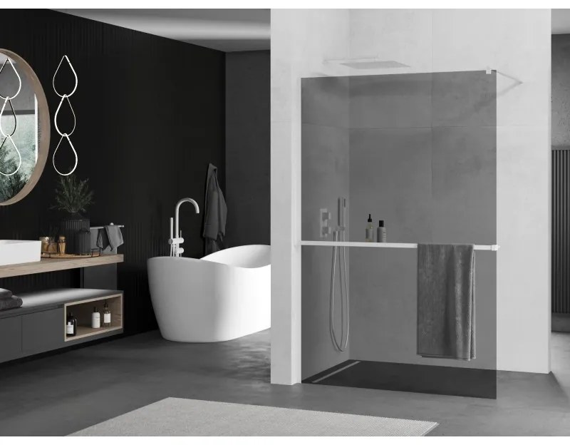 Mexen Kioto+, Walk-In zuhanyparaván polccal és akasztóval 130 x 200 cm, 8mm szürke üveg, fehér profil, 800-130-121-20-40