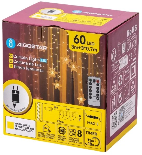 Aigostar - LED kültéri karácsonyi fényfüzér 120xLED/6W/230V/8 világítási mód 3x0,7m IP44 meleg fehér + távirányító