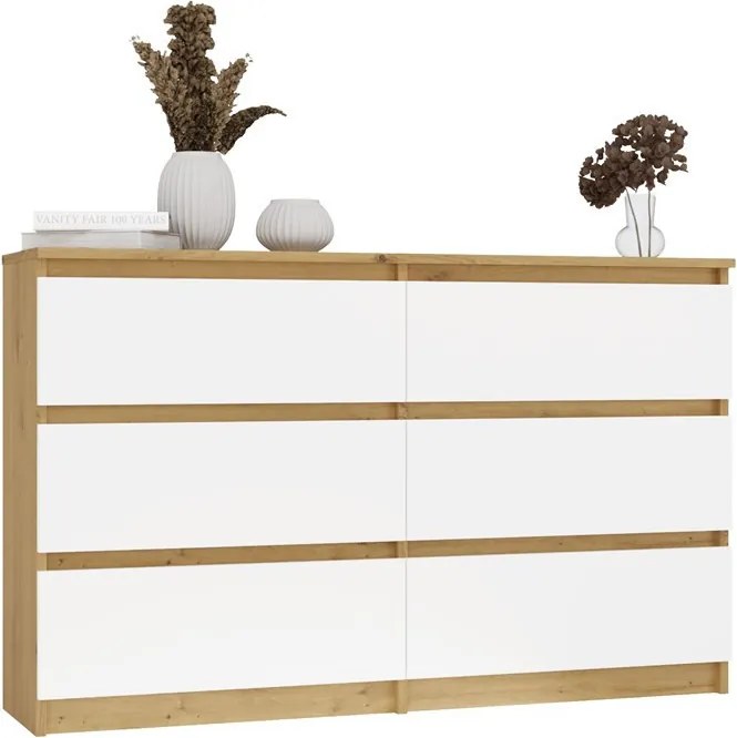M6 120 fiókos szekrény, 120x75x30 cm, tölgy-fehér