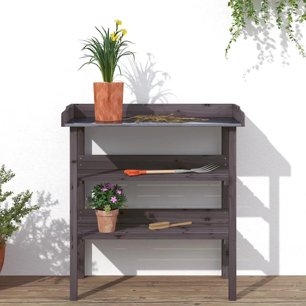 szürke tömör fenyőfa növénytartó asztal polcokkal 78x38x82,5 cm