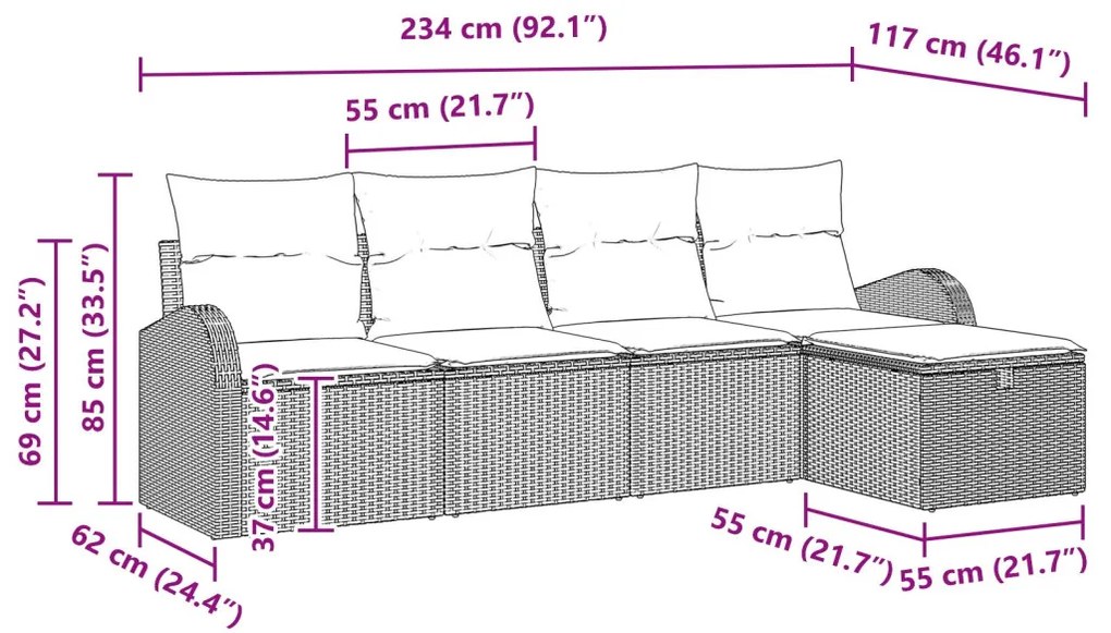 Kerti Kanapé Szett 5 pcs Szürke 234 x 117 x 85 cm Poli rattan