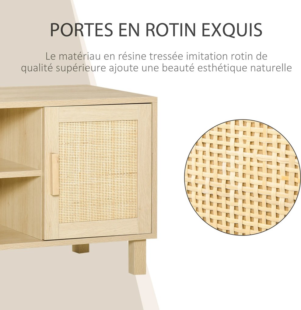 HOMCOM TV Állvány 2 Rekesz 2 Szekrény Rattan Ajtó 115L x 40W x 48H cm MDF Világos Fa Hatású | Aosom
