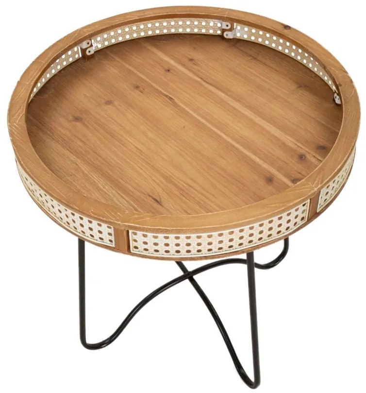 Kerek kisasztal fekete fém vázzal és fa szegéllyel