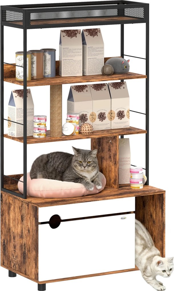 PawHut 2 az 1-ben Macska WC Szekrény, Macska WC 3 Szintes Polccal, Kaparóoszlop, Lengő Ajtó, Macska Ház 6 kg-os Macskák Számára, 80 x 48 x 152 cm, Rus