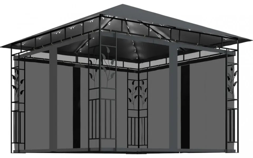 vidaXL antracit pavilon szúnyoghálóval/LED fényfüzérrel 3 x 3 x 2,73 m
