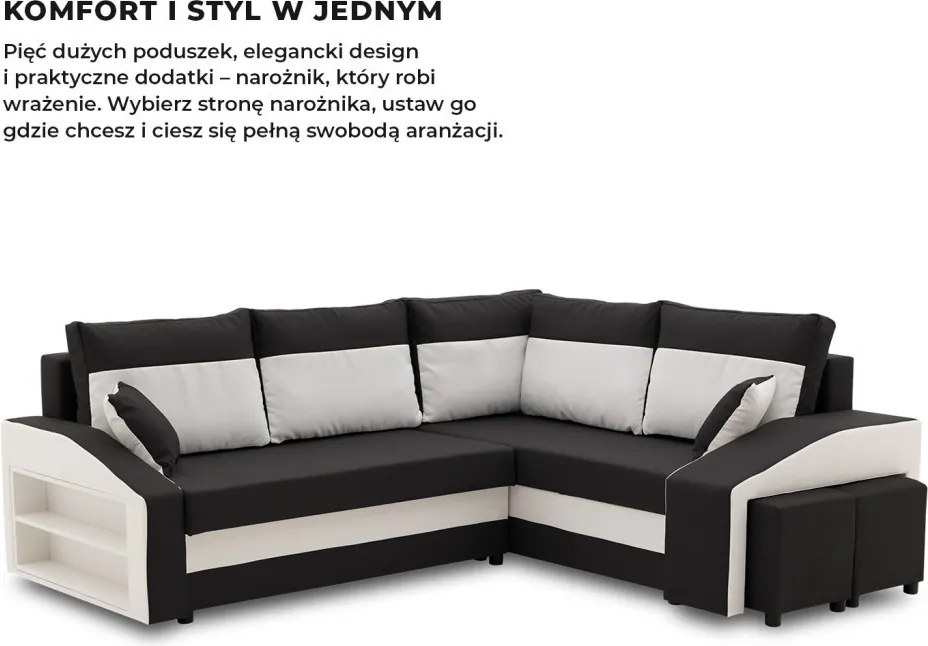 Grande sarokkanapé polcokkal és puffokkal , polc a bal karfaban puffok a jobb karfaban, jobboldali, szövet anyag, bonell töltet, fekete - fehér