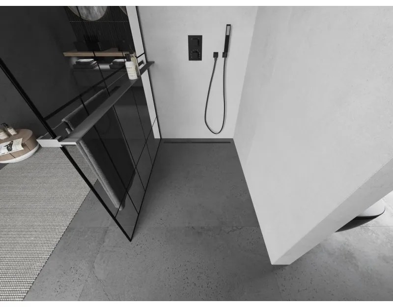 Mexen Kioto+, Walk-In zuhany paraván polccal és akasztóval 90 x 200 cm, 8 mm átlátszó üveg fekete mintás, grafit profil, 800-090-121-95-78