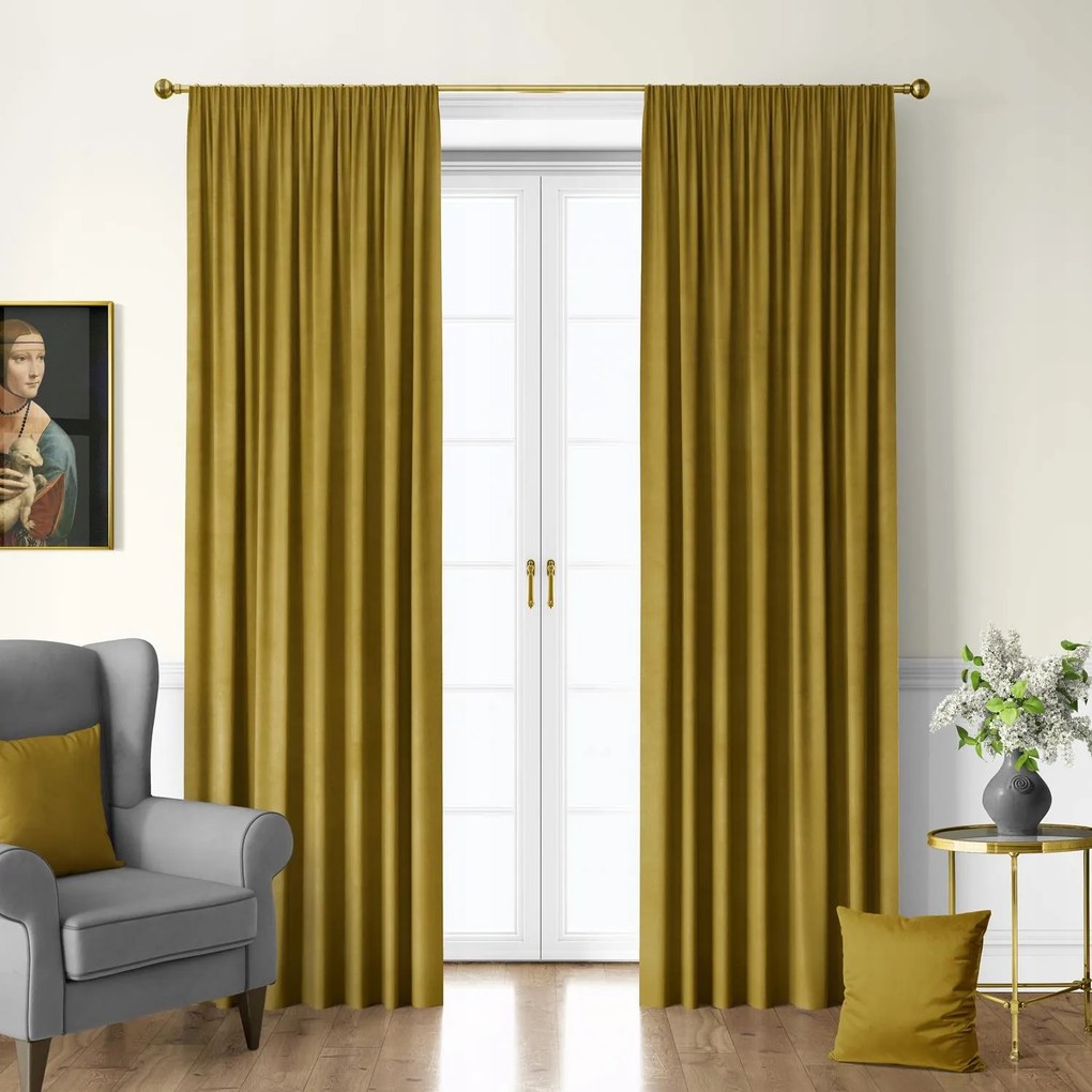 Velvet Függöny, Velúr, Szalaggal 140 széles x 160 magas 70% Mustard