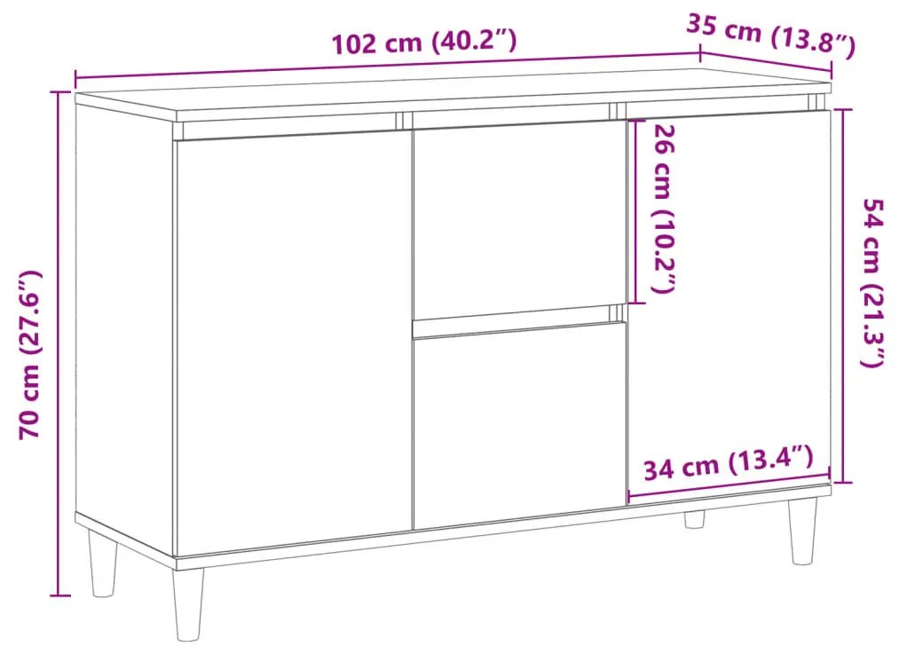kézműves tölgy színű szerelt fa tálalószekrény 102 x 35 x 70 cm