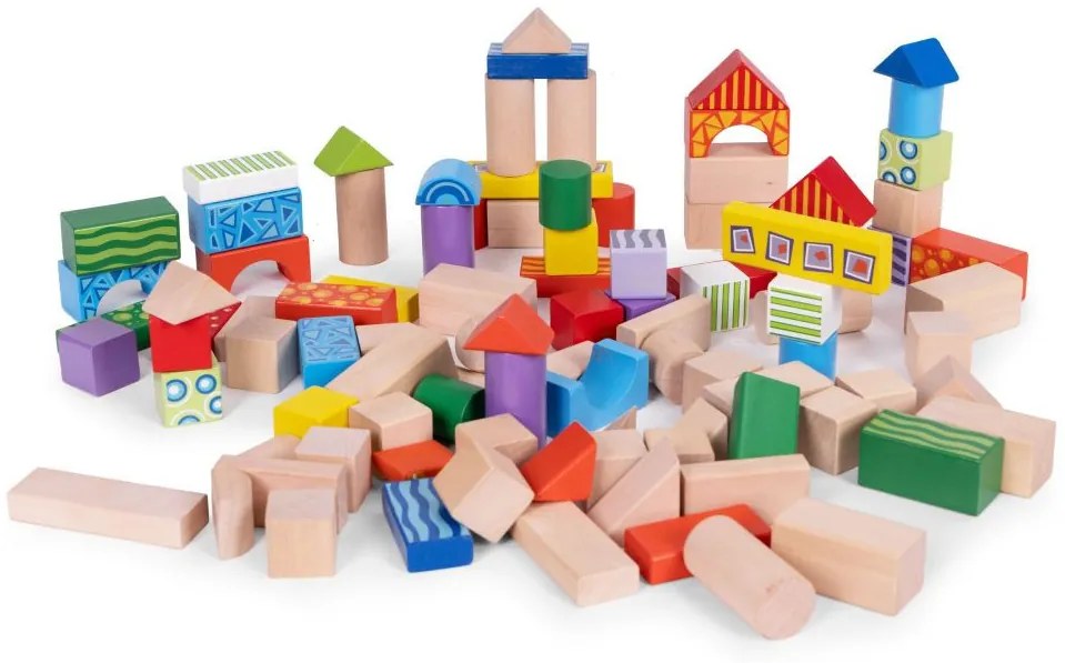 Fa építőkocka formaillesztő vödörrel 100 darabos készlet