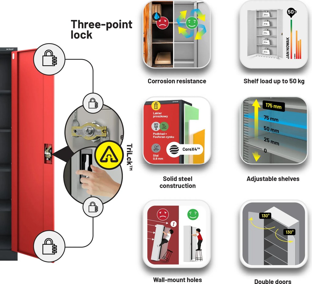 Fém iratszekrény JAN II, 1150 x 1850 x 400 mm, antracit-piros