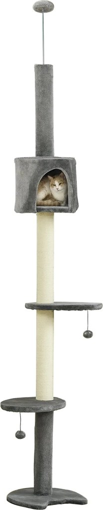 PawHut Macska Kaparófája, 217 cm Magas, Mennyezethez Rögzíthető, Tálcákkal, Bújóval, Zsákkal, Világosszürke | Aosom
