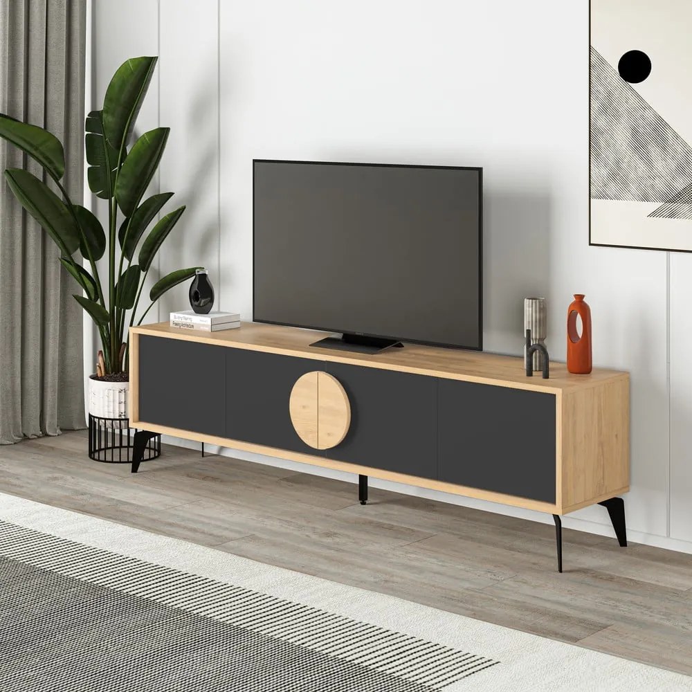Fekete-natúr színű TV-állvány tölgyfa dekorral 180x51 cm Vae – Marckeric