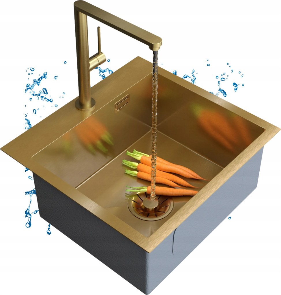 Acél mosogató SILVO48 egymedencés mosogató arany szifon Lux csaptelep Velmo