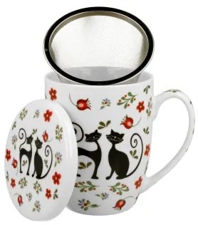 Cicás porcelán bögre tetővel fémszűrővel 430 ml dobozban Ethno Cats
