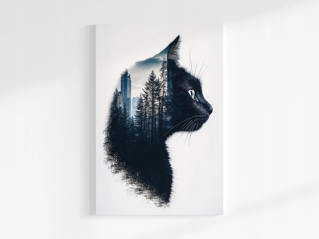 Vászonkép Canvas Grafika Fekete Macska Profil Város Erdő Fák 80x120