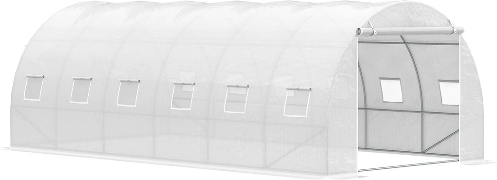 Outsunny 6x3x2 m Tünel Üvegház Kert Roll-Up Ajtóval 12 Hálós Ablakkal PE 140 g/m² és Horganyzott Fém a Növények és Zöldségek Termesztéséhez Fehér | Ao