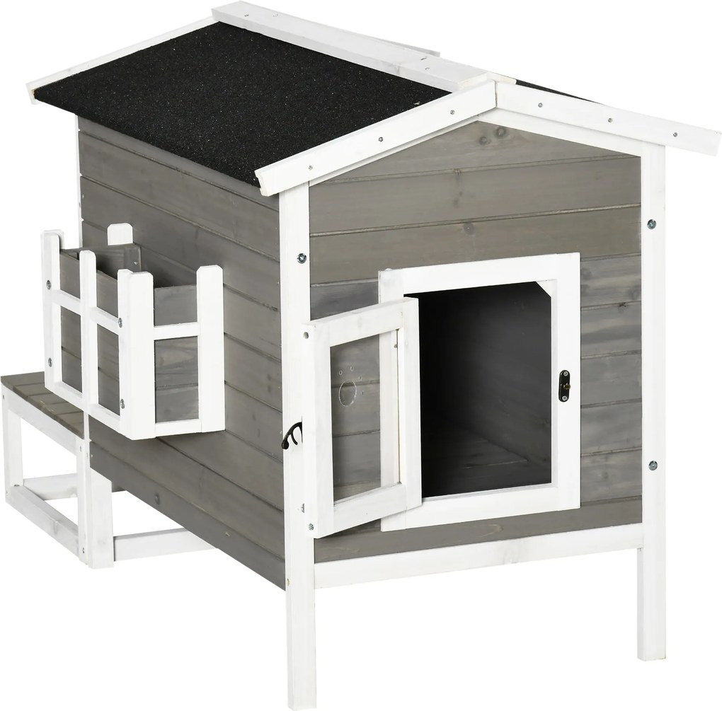 PawHut Fa Macska Ház Télen Is Tűrő, Vízálló Macska Kalap, Aszfalt Tetővel, Terasszal - Macska Barlang, Macska Doboz Kültéri Menedék, Kertbe, Erkélyre