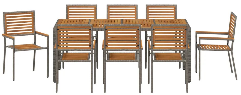 9 Részes Kerti Étkezősor Szürke Poli Rattan Akáciával, Egymásra Rakható Kerti Székek Párnákkal 2 db Szürke Poli Rattan