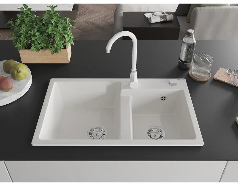 Mexen Tomas, gránit mosogató 800x500x190 mm, 2 kamrás és fehér Telma csaptelep, fehér, 6516-20-670200-20