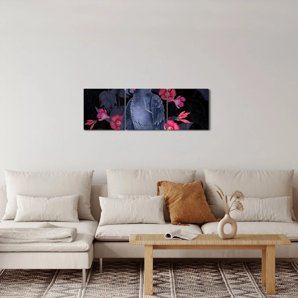 Kép - papagáj a virágok között (órával) (90x30 cm)
